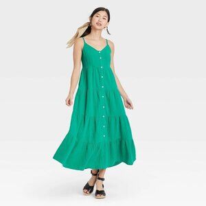 Universal Thread Button-Front Tiered Green Dress Womens Medium Prairiecore Boho